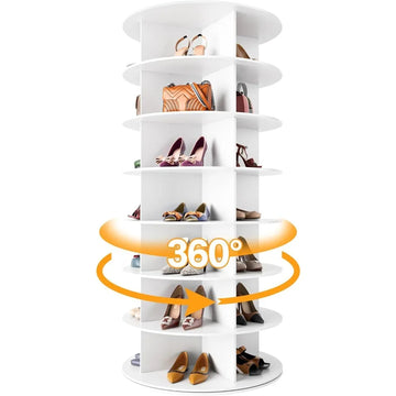 Rotating Shoe Rack Tower 7 Tier Organizer, Vertical Spinning Shoe Display Lazy Susan Revolving 360 White Shoe Rack Storage Round