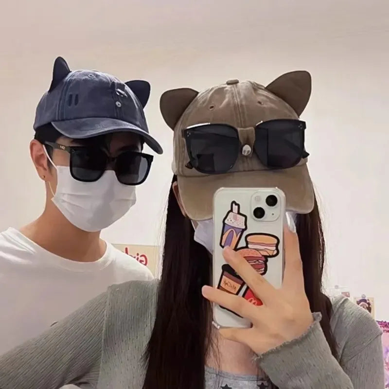 New Cute Cat Ears Pilot Hat With Glasses Baseball Cap Water Washed Baseball Cap