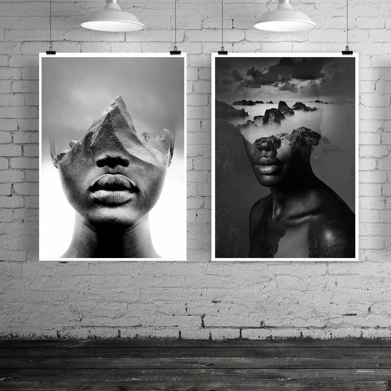 Mountain Woman African Black Girl Black and white Abstract Canvas Painting Fashion Prints Nature Wall Art Pictures Home Decor