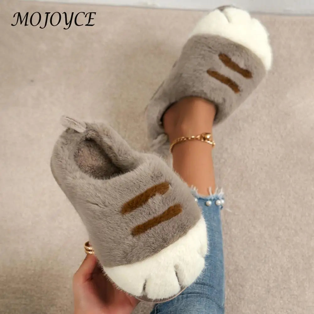 3D Cat Paw Plush Slippers Flat Thermal Slippers Comfortable Fluffy Home Slippers