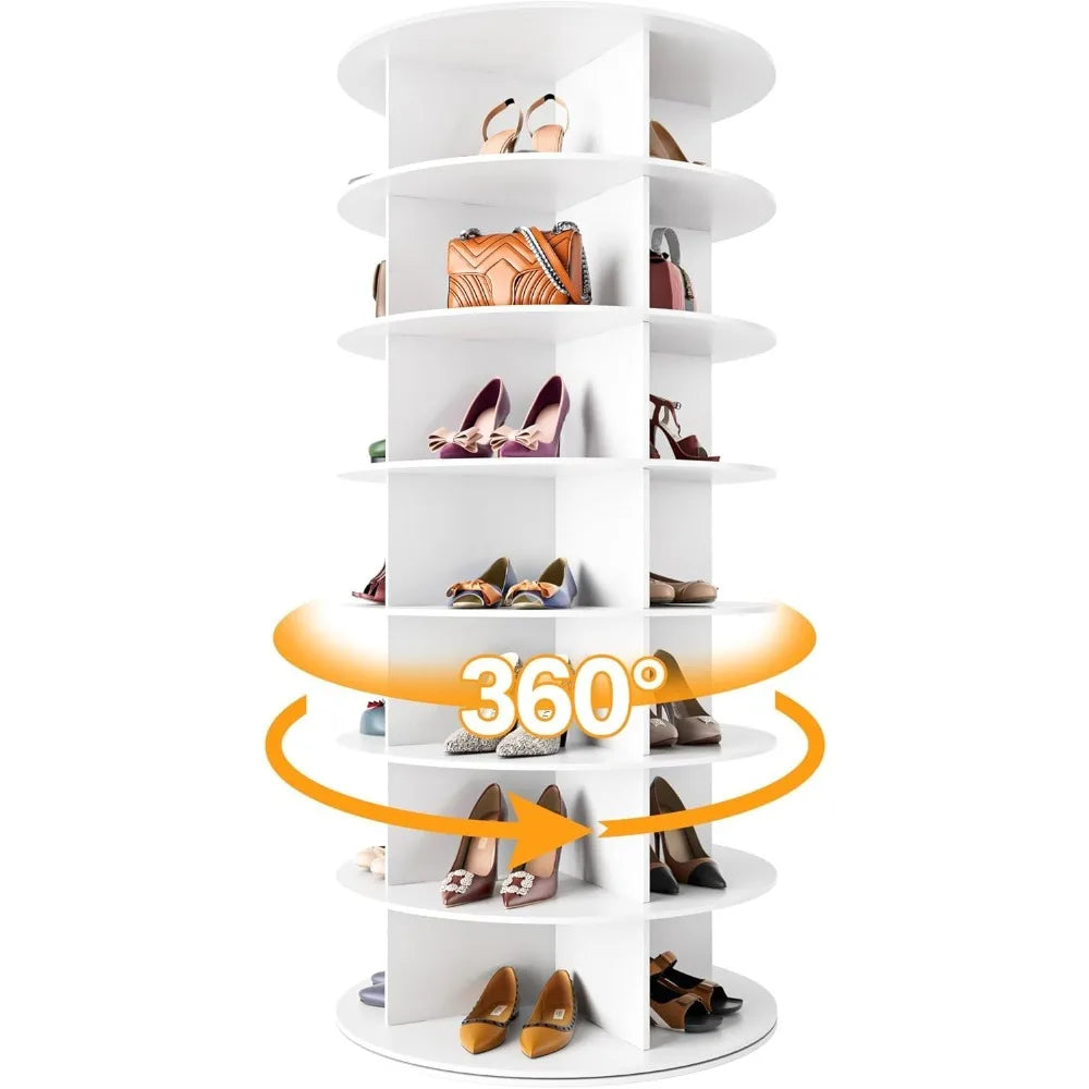 Rotating Shoe Rack Tower 7 Tier Organizer, Vertical Spinning Shoe Display Lazy Susan Revolving 360 White Shoe Rack Storage Round