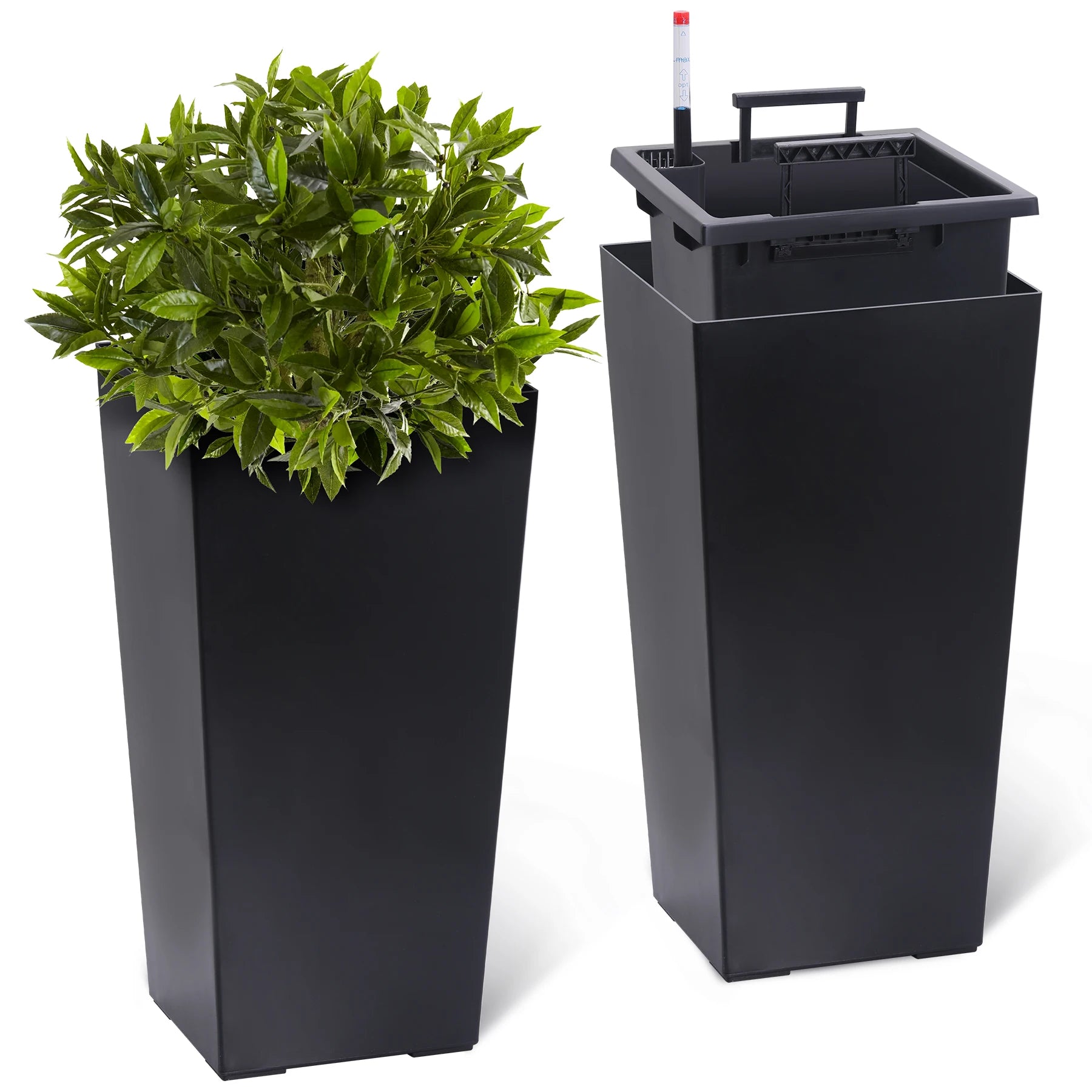2pcs 23" Tall Black Planter Pots with Automatic Watering, Drainage Holes Water Level Monitor & Elegant Tapered Design for Indoor